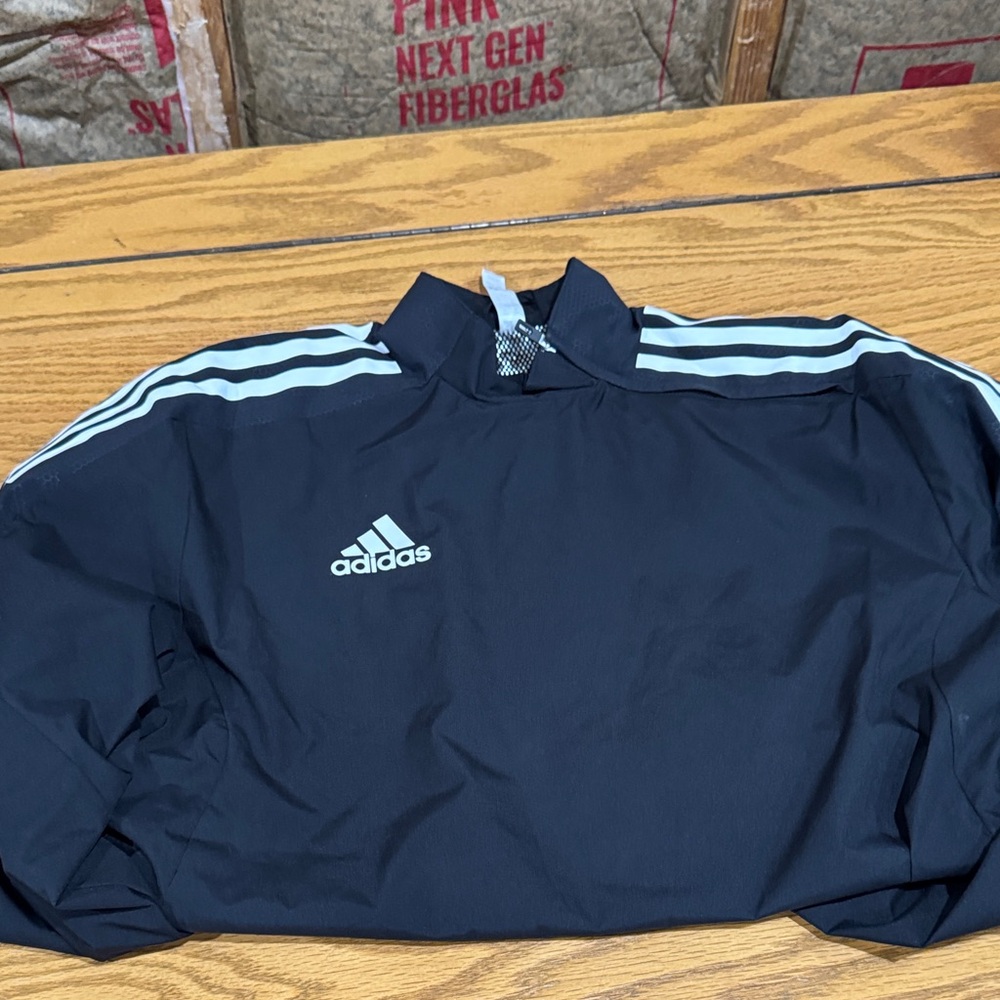 Adidas Men's Black Windbreaker with White Stripes